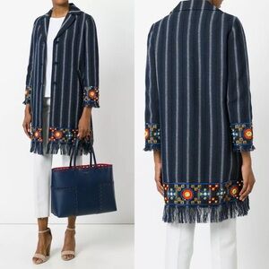 $695 Tory Burch 6 Luna Embellished Beaded Coat Striped Woven Long Beaded